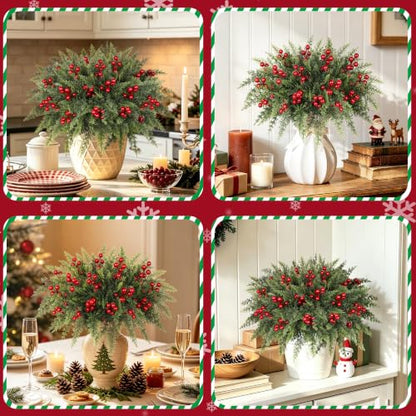 Artificial Christmas Norfolk Pine & Red Berry Stems - Green - 6 Bundles