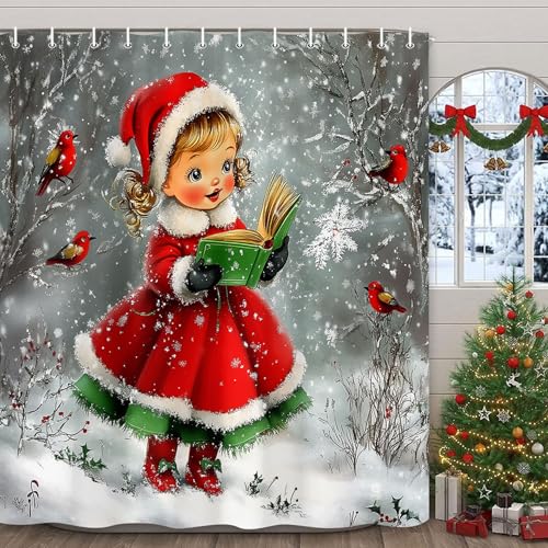 Grey Vintage Christmas Girl Shower Curtain - Retro Winter Snow Scene, 69x70in, Waterproof Fabric with Hooks