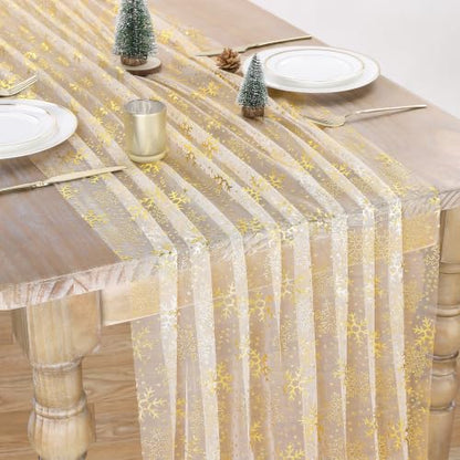 Christmas White Gauze Table Runner with Gold Snowflake Design - 29x120 Inches, Pack of 1