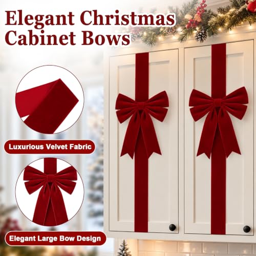 Christmas Cabinet Bows Set - Velvet Red 12 Pcs for Kitchen & Holiday Decor