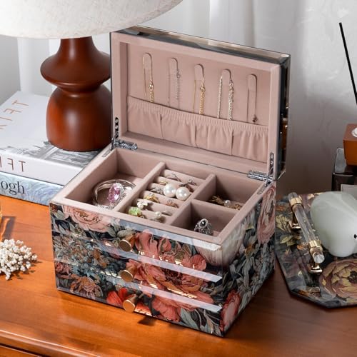 Homruilink Peony Glass Jewelry Box for Women - 3 Layer, Decorative Organizer