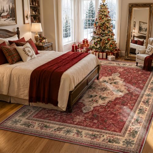Christmas Rug 5x7 Red Washable Holiday Rug for Living Room & Bedroom - Vintage Design