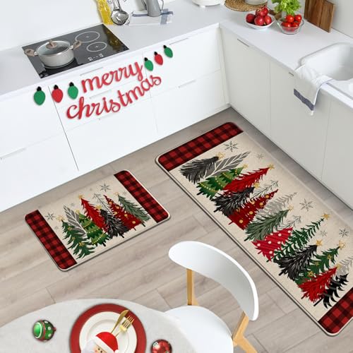 Merry Christmas Tree Red Kitchen Rugs Set of 2 - Christmas Tree Variation