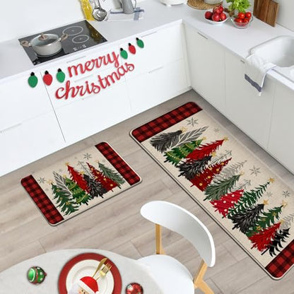 Merry Christmas Tree Red Kitchen Rugs Set of 2 - Christmas Tree Variation