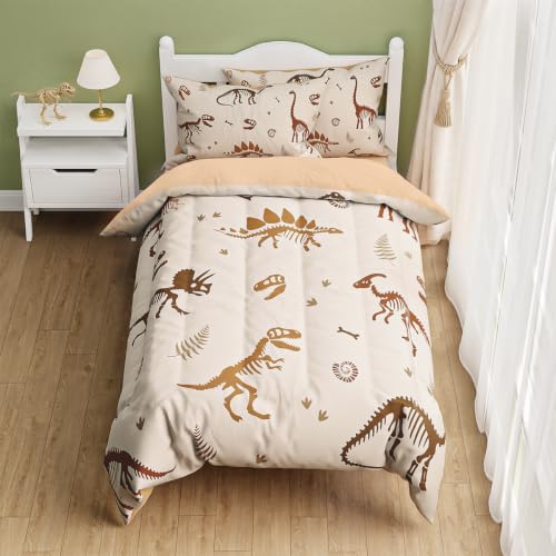 SANDJEST Dinosaur Twin Bedding Set with Comforter, Fitted Sheet & Pillowcases - Kids Bedroom Decor