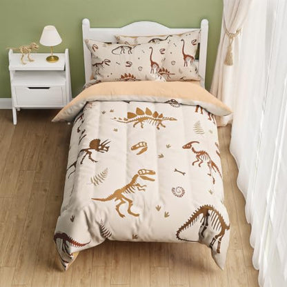 SANDJEST Dinosaur Twin Bedding Set with Comforter, Fitted Sheet & Pillowcases - Kids Bedroom Decor