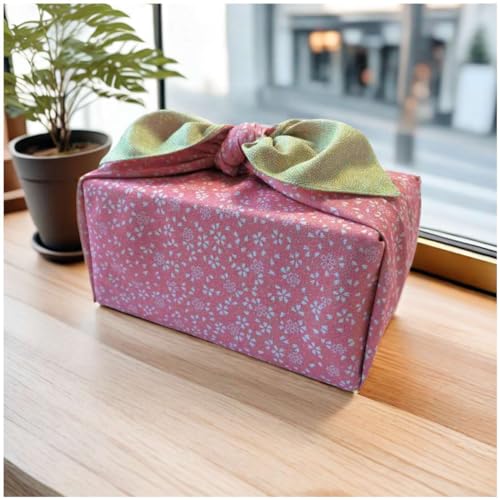 Large Reversible Furoshiki Japanese Wrapping Cloth 27.6 Inch Cherry Blossom Design Leaf Green & Pink - Eco Gift Wrap & Bento Bag