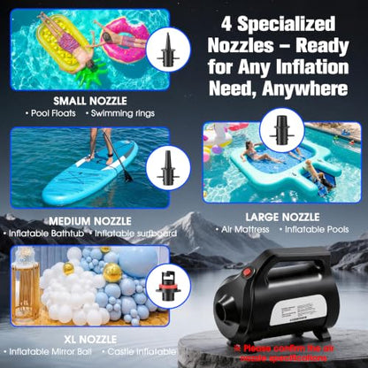 650W Electric Inflatable Air Pump with 4 Nozzles - Fast Air Mattress & Pool Float Inflator