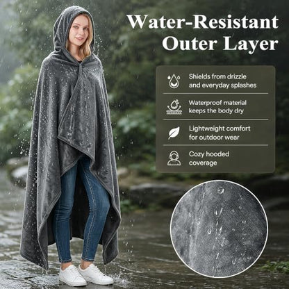 Grey Waterproof Hooded Blanket Poncho for Outdoor Warm Wearable Cape