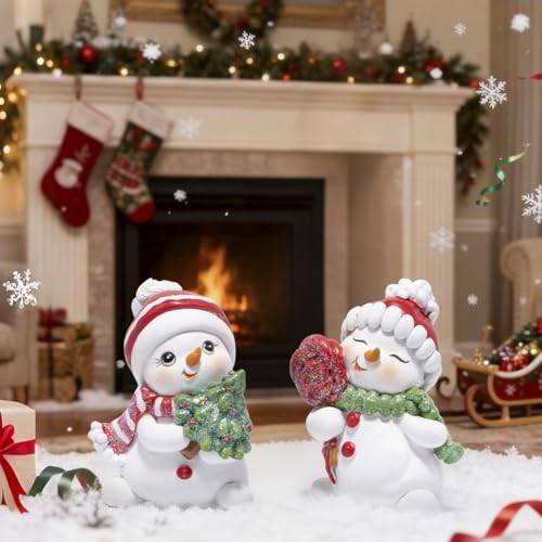 Hodao Christmas Snowman Figurines Set of 2 - Resin Holiday Home Decor