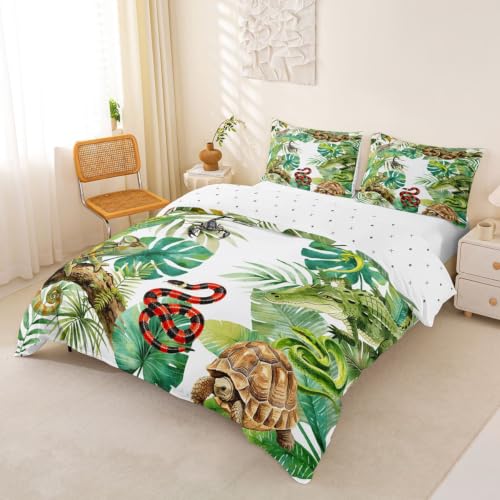 Jungle Reptile Themed Duvet Cover Set for Teens & Kids Twin Size - Fresh Green, No Comforter
