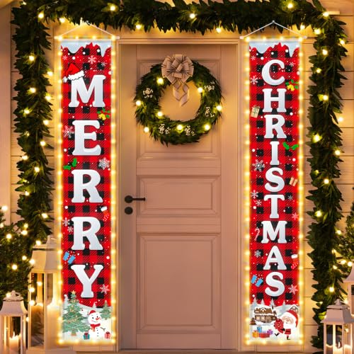 Outdoor Christmas Decorations Banner with String Lights - Merry Christmas Welcome Sign, 70 Inch Festive Yard & Door Decor