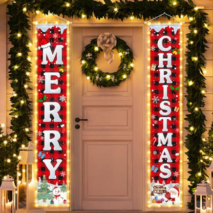 Outdoor Christmas Decorations Banner with String Lights - Merry Christmas Welcome Sign, 70 Inch Festive Yard & Door Decor