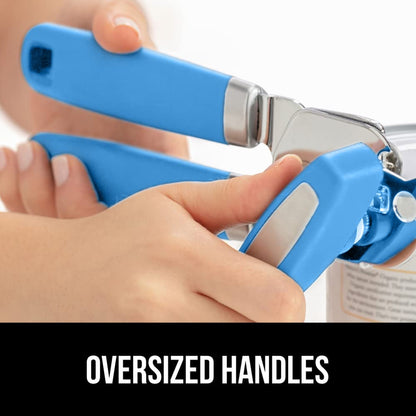 The Original Gorilla Grip Heavy Duty Stainless Steel Smooth Edge Manual Hand Held Can Opener With Soft Touch Handle, Rust Proof Oversized Handheld Easy Turn Knob, Large Lid Openers, Aqua