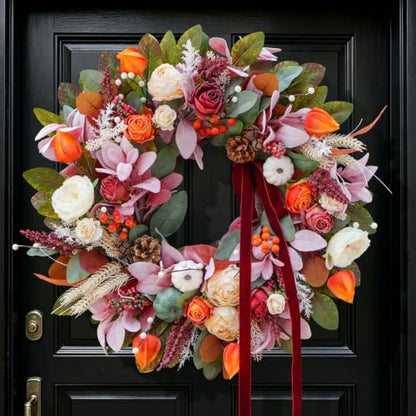 24 Inch Fall Door Wreath with Red Bow - Autumn Harvest Thanksgiving Decor