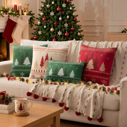 Christmas Pillow Covers 18x18 Inches Velvet Rustic Red Beige Snowflake Pine Tree 2 Pack - Variation of Red-Beige 1