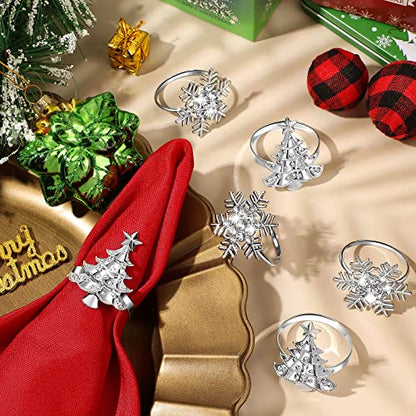 Christmas Napkin Rings Set Snowflake and Tree Metal Holiday Decor - 24 pcs