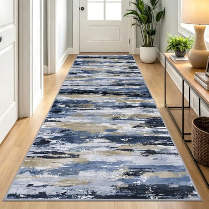 3' x 8' Abstract Washable Non-Slip Runner Rug for Hallway Navy / Blue / Taupe