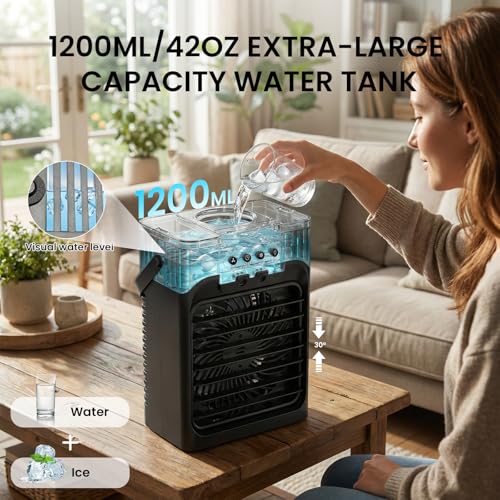 Portable Air Conditioner with 3 Speeds, Mist, 1200ML Tank, Quiet Personal Cooler