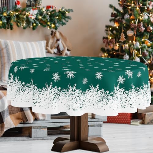 Xmas Tablecloth 70 Inch Round Green Snowflakes Holiday Party Cover - Spillproof & Washable
