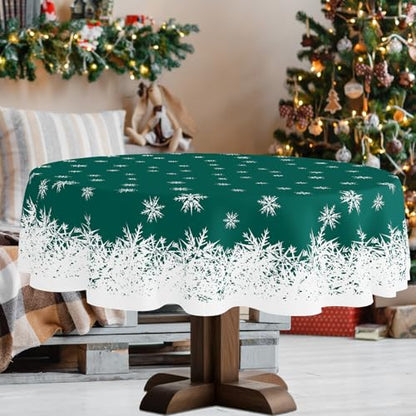 Xmas Tablecloth 70 Inch Round Green Snowflakes Holiday Party Cover - Spillproof & Washable