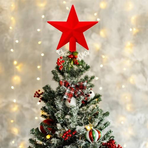 7.87 Inch Red Velvet Christmas Tree Topper Star Holiday Ornament