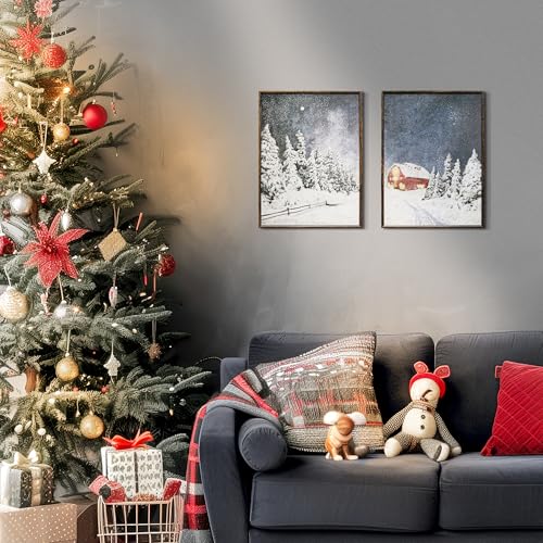 Snowy Cabin Christmas Canvas Wall Art 12x16 Inches - Framed Holiday Decor
