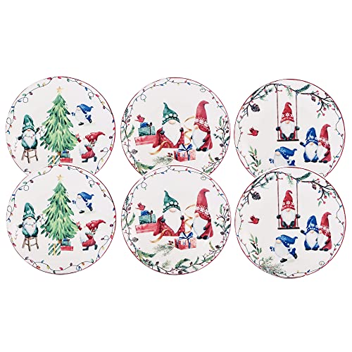 Christmas Gnomes Appetizer Plates Set of 6 - 6 Inch Ceramic Holiday Tableware