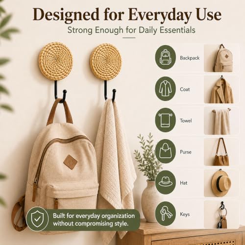 Large Woven Rattan Wall Hooks Set - Boho Coat & Hat Hangers, 2 Pack