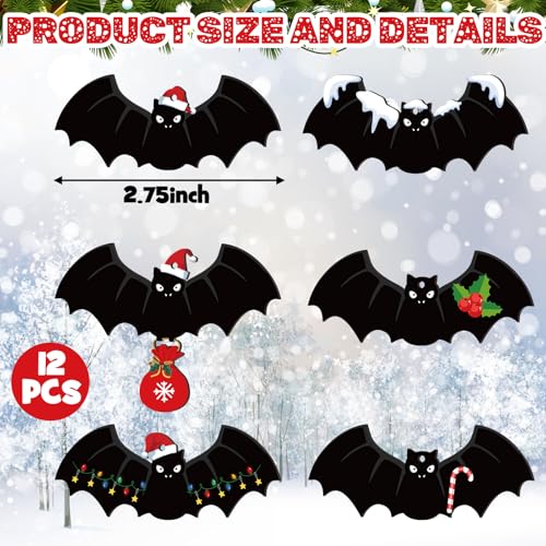 Bat Christmas Ornaments Set - Gothic Holiday Tree Decorations, 12 Pieces