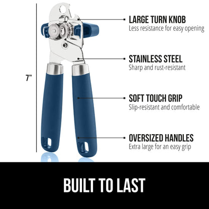 The Original Gorilla Grip Heavy Duty Stainless Steel Smooth Edge Manual Hand Held Can Opener With Soft Touch Handle, Rust Proof Oversized Handheld Easy Turn Knob, Large Lid Openers, Blue