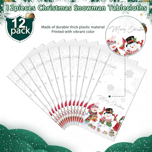 12 Pack Christmas Snowman Tablecloths - Waterproof Plastic Holiday Decor 54x108 Inches
