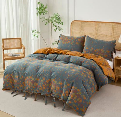 Vintage Cottage Botanical Muslin Bedding Queen Set with Pillowcases - Orange, Yellow, Blue - 3 Pieces
