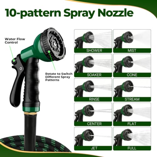 Dark Green 100 ft Upgraded Kink-Free Flexible Garden Hose with 10 Pattern Spray Nozzle