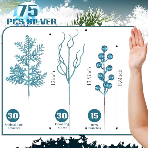 Light Blue Christmas Tree Picks 75 Pcs Glitter Berry & Pine Stems - Holiday Decor