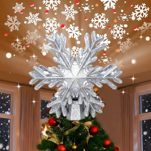 Lighted Snowflake Tree Topper with Rotating Projection for Christmas