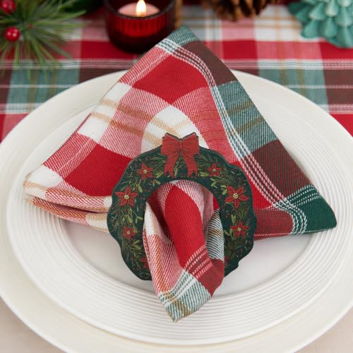 Christmas Wreath Birch Wood Napkin Rings 12Pcs - Green Holiday Table Decor