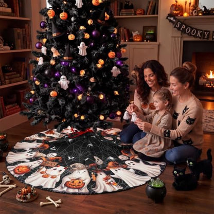 48 Inch Small Black Halloween Ghost Tree Skirt - Spooky Tree Decorations