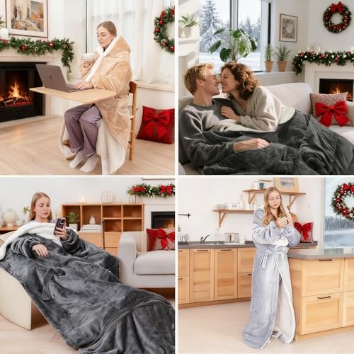 Dark Gray Wearable Heated Blanket with Removable Foot Pocket - 50x80 inches, 9 Temp Settings
