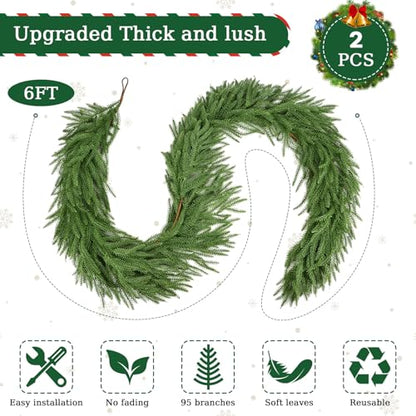 6 Ft Norfolk Pine Garland - Artificial Christmas Greenery Faux Wreaths & Decor - 2 Pack