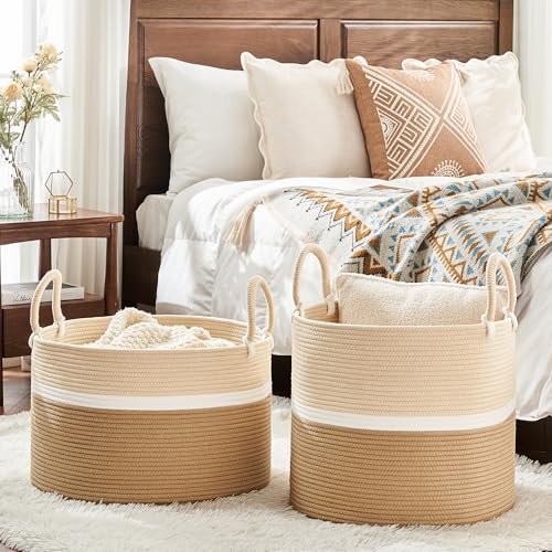KAKAMAY Large Blanket Basket (20"x13"),Woven Baskets for storage Baby Laundry Hamper, Cotton Rope Blanket Basket for Living Room, Laundry, Nursery, Pillows, Baby Toy chest (White and Brown)
