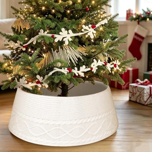 White Knit Christmas Tree Collar 24-28 Inch Tree Base Cover Ring - Holiday Decor