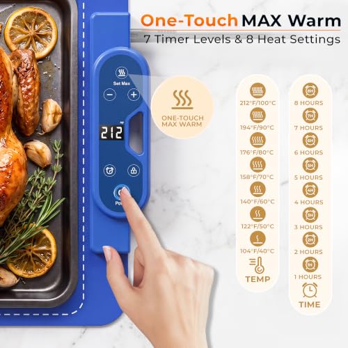 Blue Warming Mat for Food 37x15 Inches with 7 Heat Levels & 8-Hour Timer