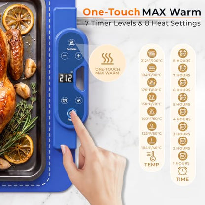Blue Warming Mat for Food 37x15 Inches with 7 Heat Levels & 8-Hour Timer