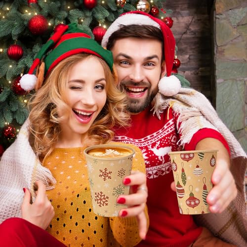Christmas Disposable Paper Cups with Lids 12oz - 100 Pcs Holiday Party Supplies