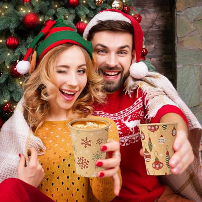 Christmas Disposable Paper Cups with Lids 12oz - 100 Pcs Holiday Party Supplies