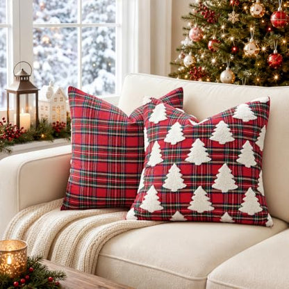 Christmas Pillow Covers 20x20 Set of 2 - Red Tartan & Tufted Tree Farmhouse Decor
