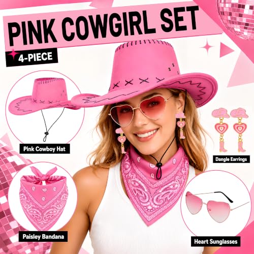 Pink Cowgirl Hat with Heart-Shaped Sunglasses & Bandana - Costume Accessory Set