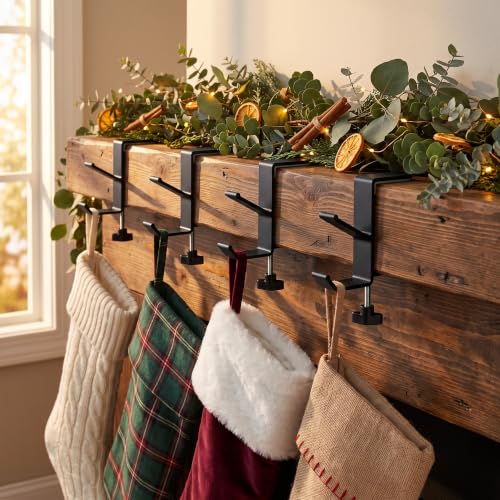 Black 2 Pack Christmas Stocking Holders 2-in-1 Mantle Garland Hooks