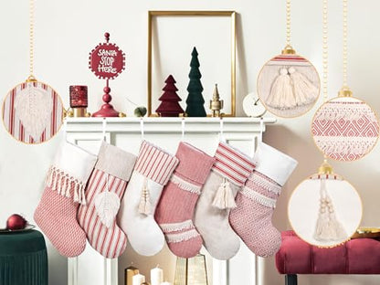 Christmas Stockings 8 Pack - 20-Inch Rustic Farmhouse Holiday Decor - Red Set of 8